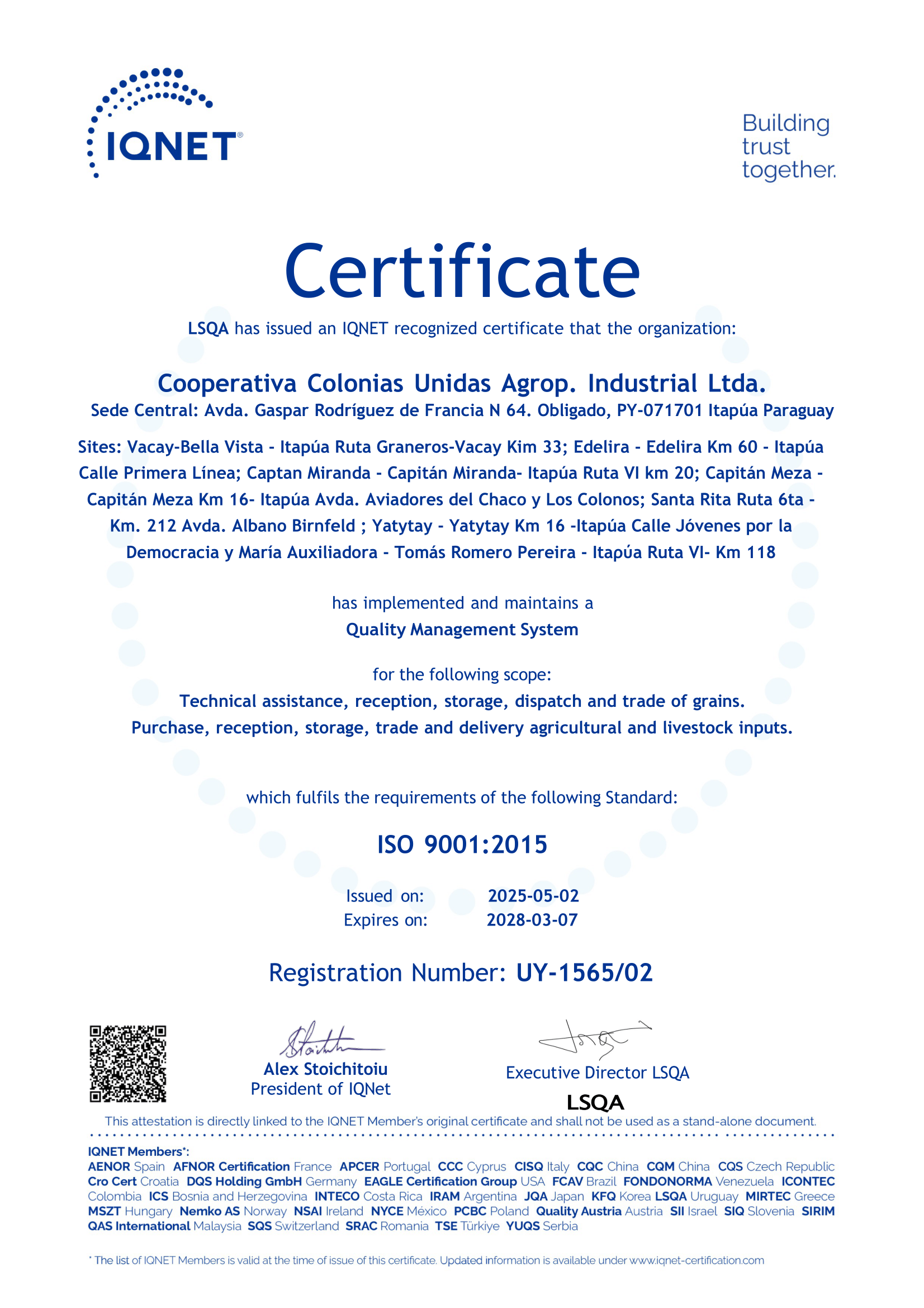 Certificado IQNET Colonia Unidas ISO 9001 2015 156502-1